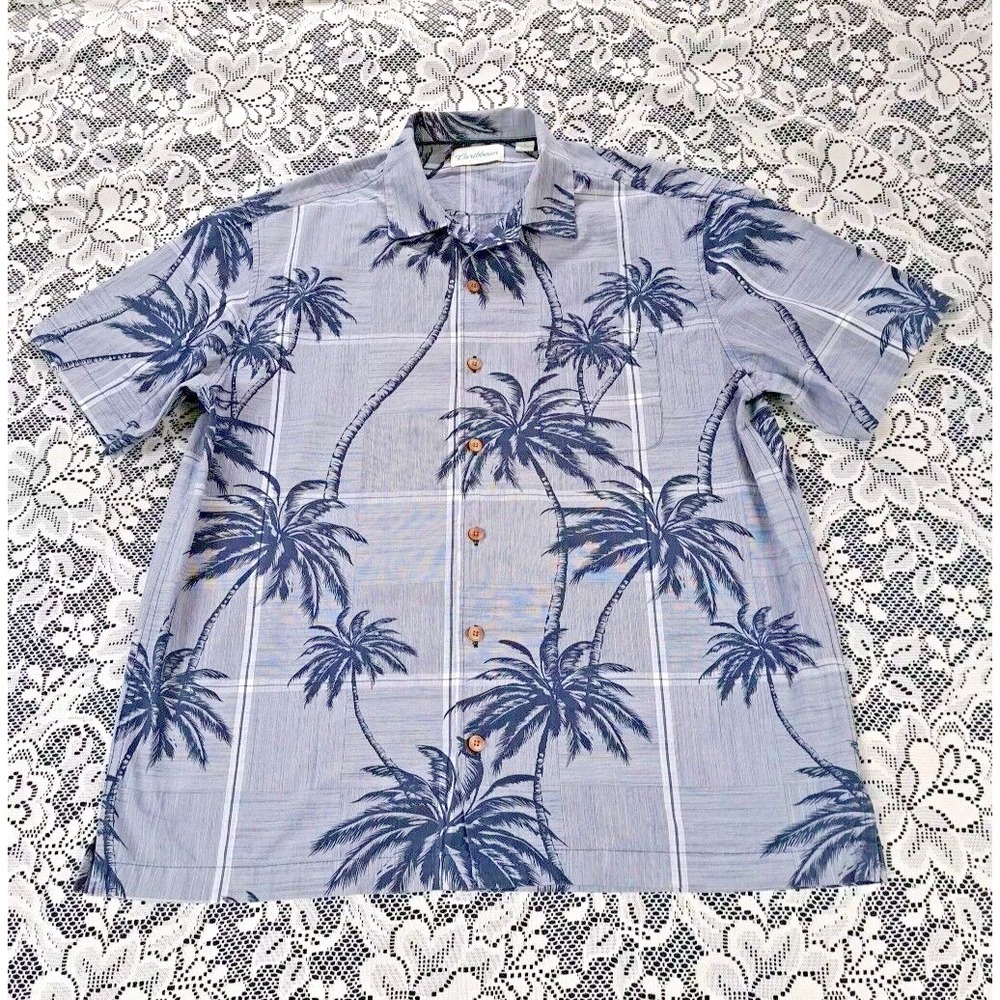 Aloha Caribbean Shirt Men's L Short Sleeve Button Up Geometric Print Palm Trees‎
